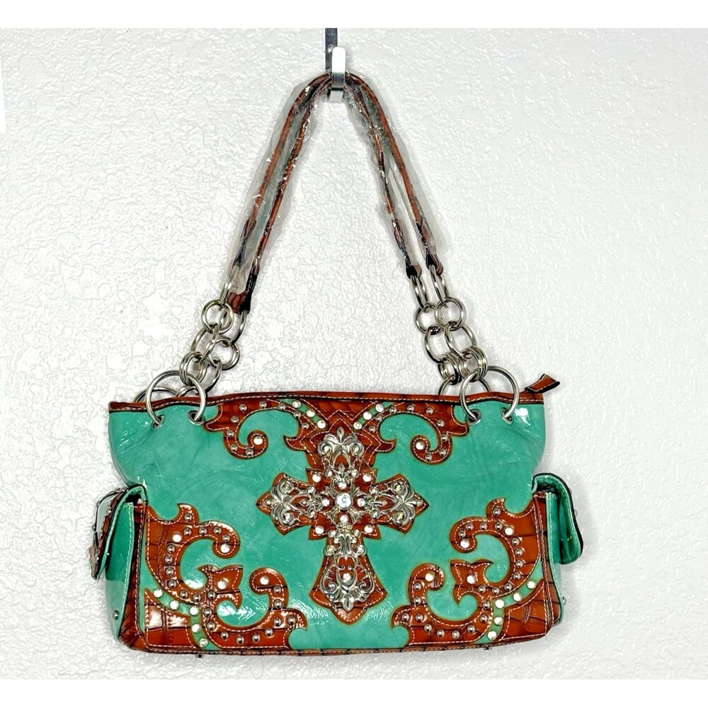 Western Turquoise Rhinestone Cross Handbag Tooled Brown Faux Leather Chain Strap